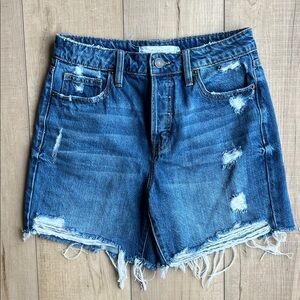 Hidden High-Rise Distressed Denim Shorts in Blue